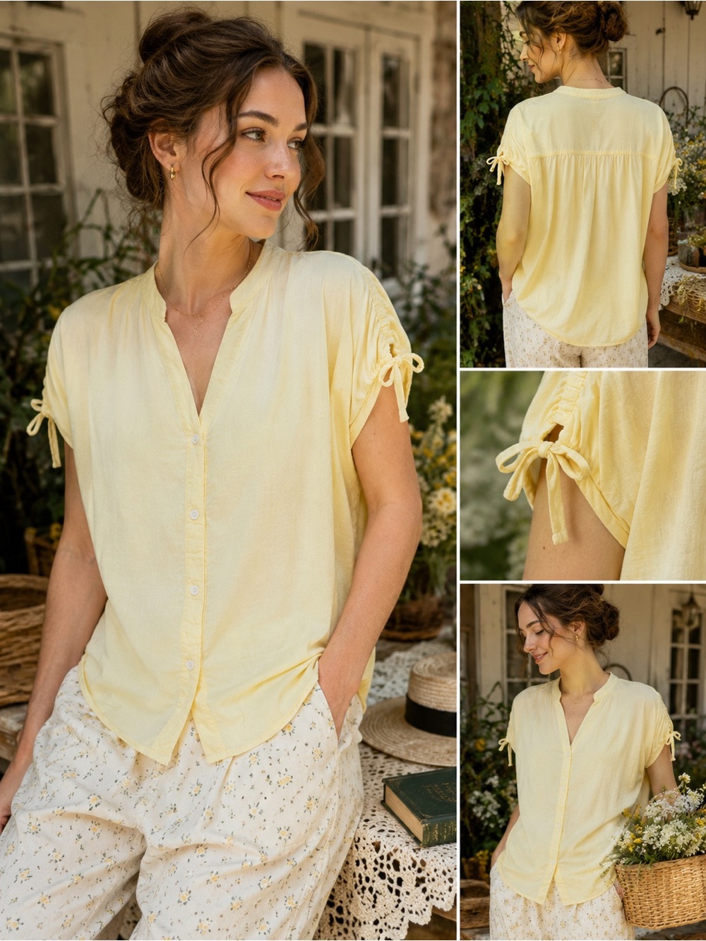 Old Navy Butter Yellow Button Front Tie Sleeve Blouse XL Cotton Modal